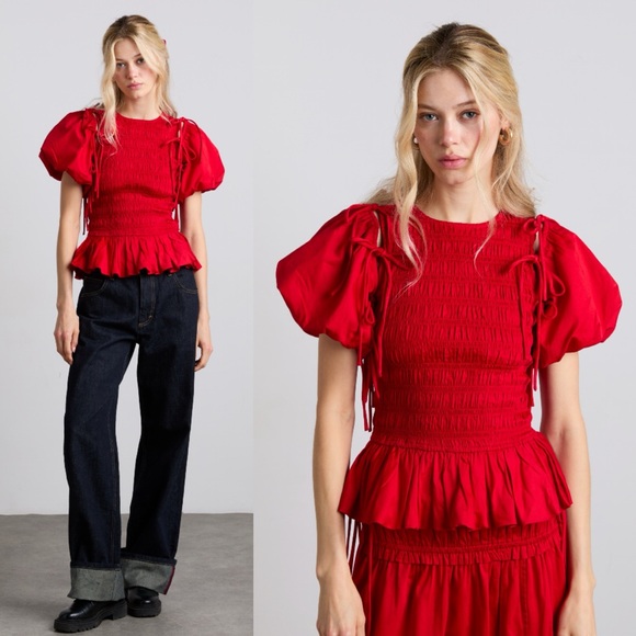 Damson Madder Tops - Damson Madder Becca Multi Way Blouse Cherry Red Organic Cotton Size 4 Size 8 UK